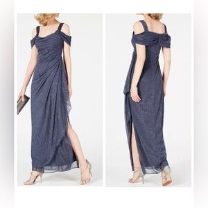 Alex Evenings Smoke Blue Cold-Shoulder
Draped Metallic Gown Dress Size 12P